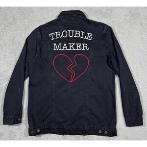 Lucky Brand Trucker Jean Jacket Womens Large Trouble Maker Boyfriend Black Denim